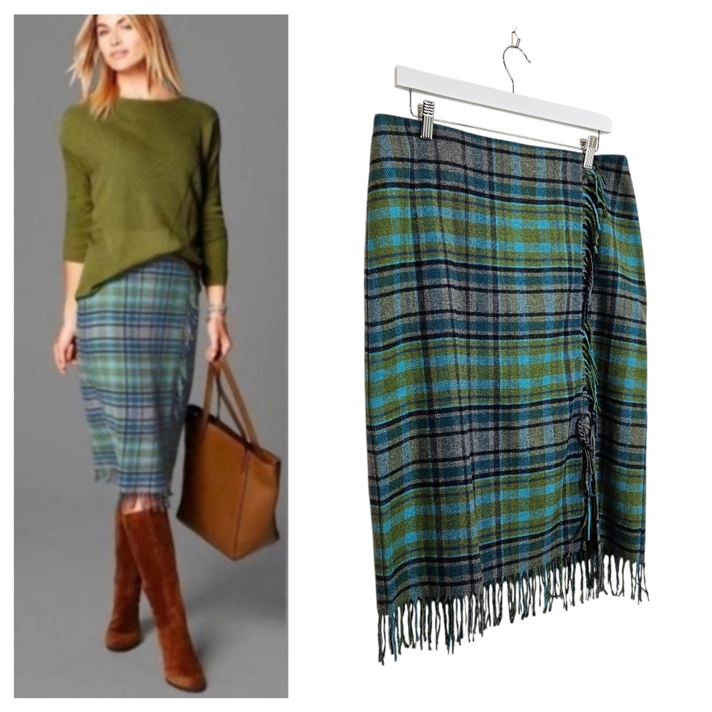 J. Jill Green and Blue Plaid Fringe Midi Skirt